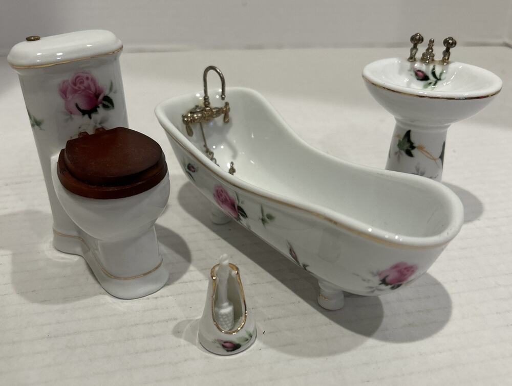 Pink Rose Bathroom Doll Furniture White Porcelain Toilet Sink Tub Toilet Brush